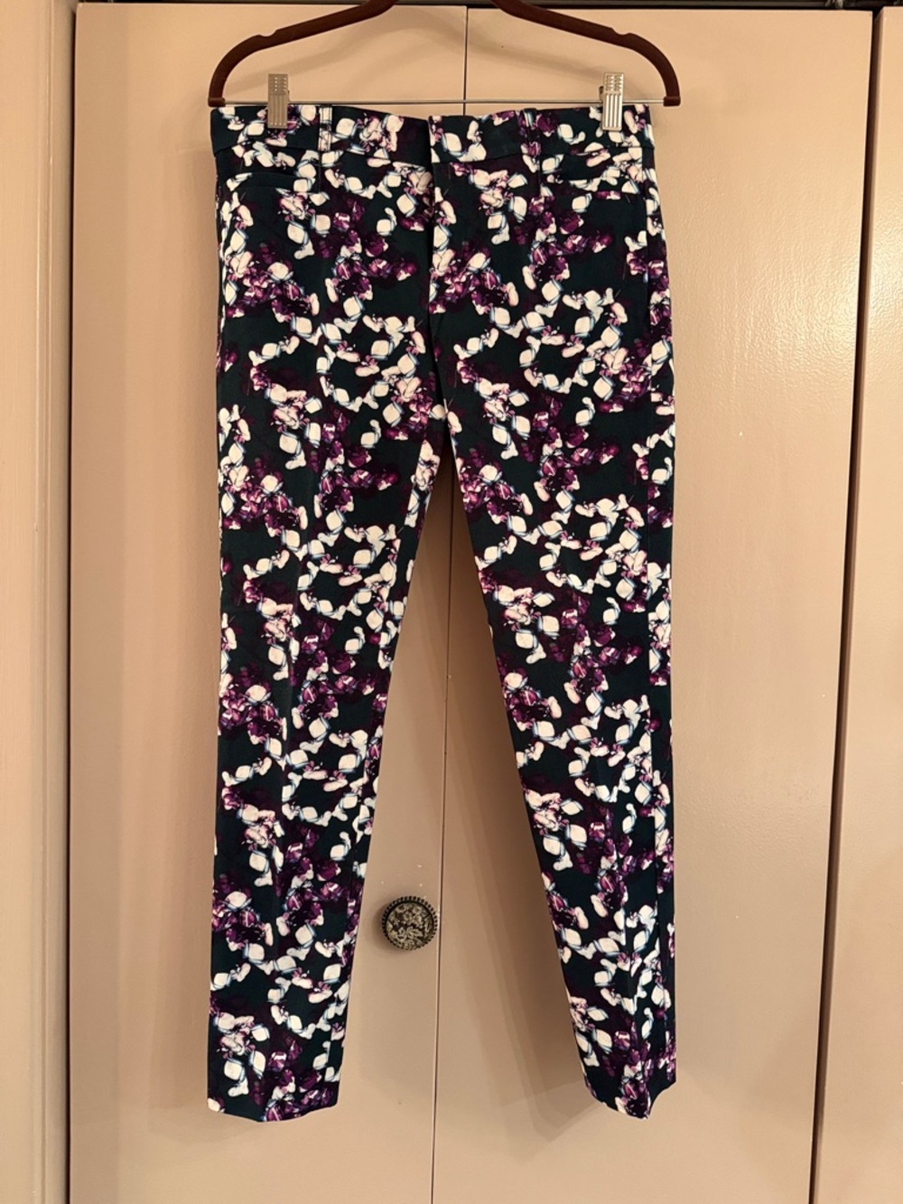 Banana Republic Black Floral-Print Skinny Pants with Purple and White Accents